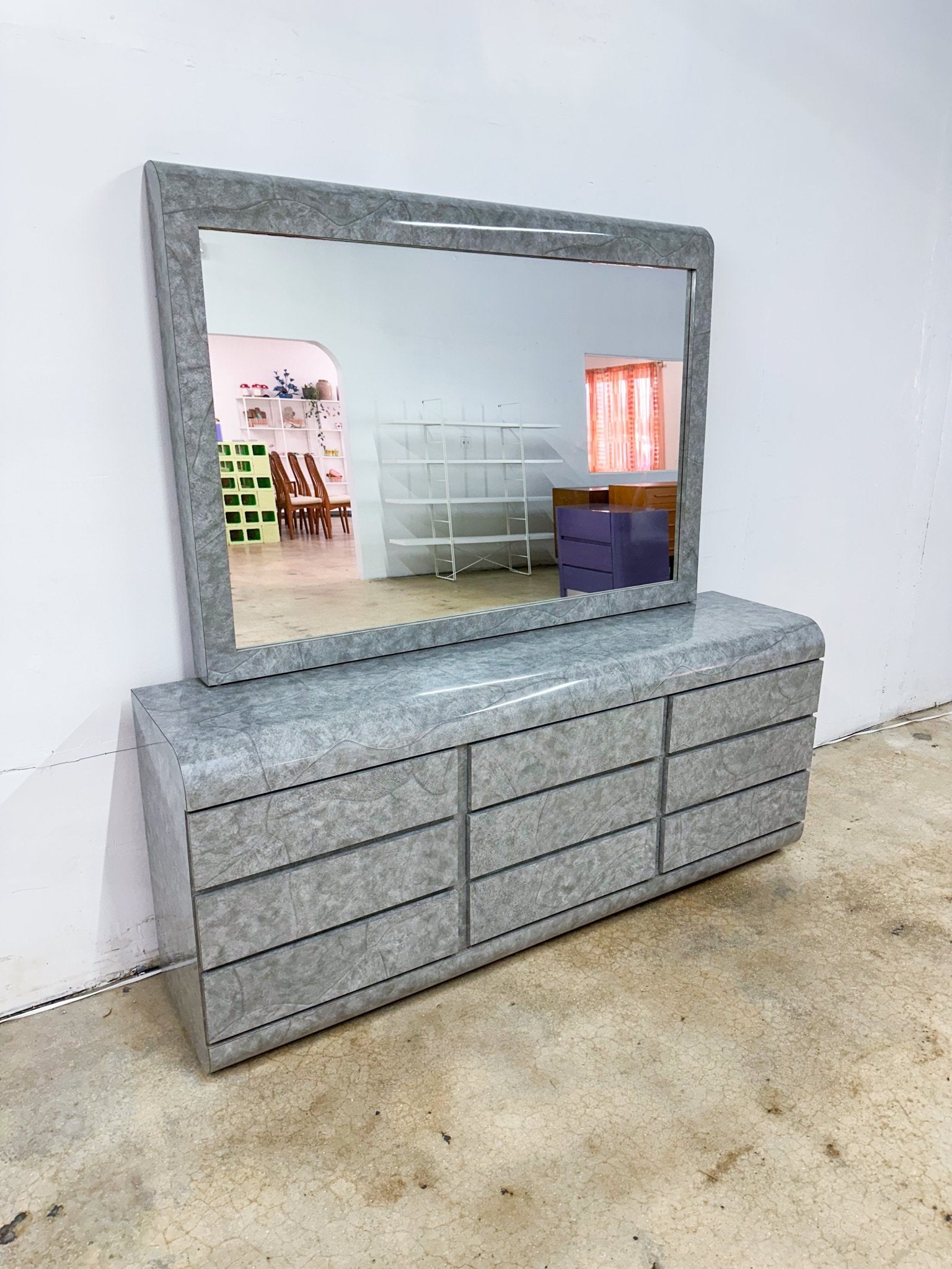 Marbled Gray Laminate Lowboy Dresser & Mirror Rehaus Marbled Gray Laminate Lowboy Dresser & Mirror Rehaus