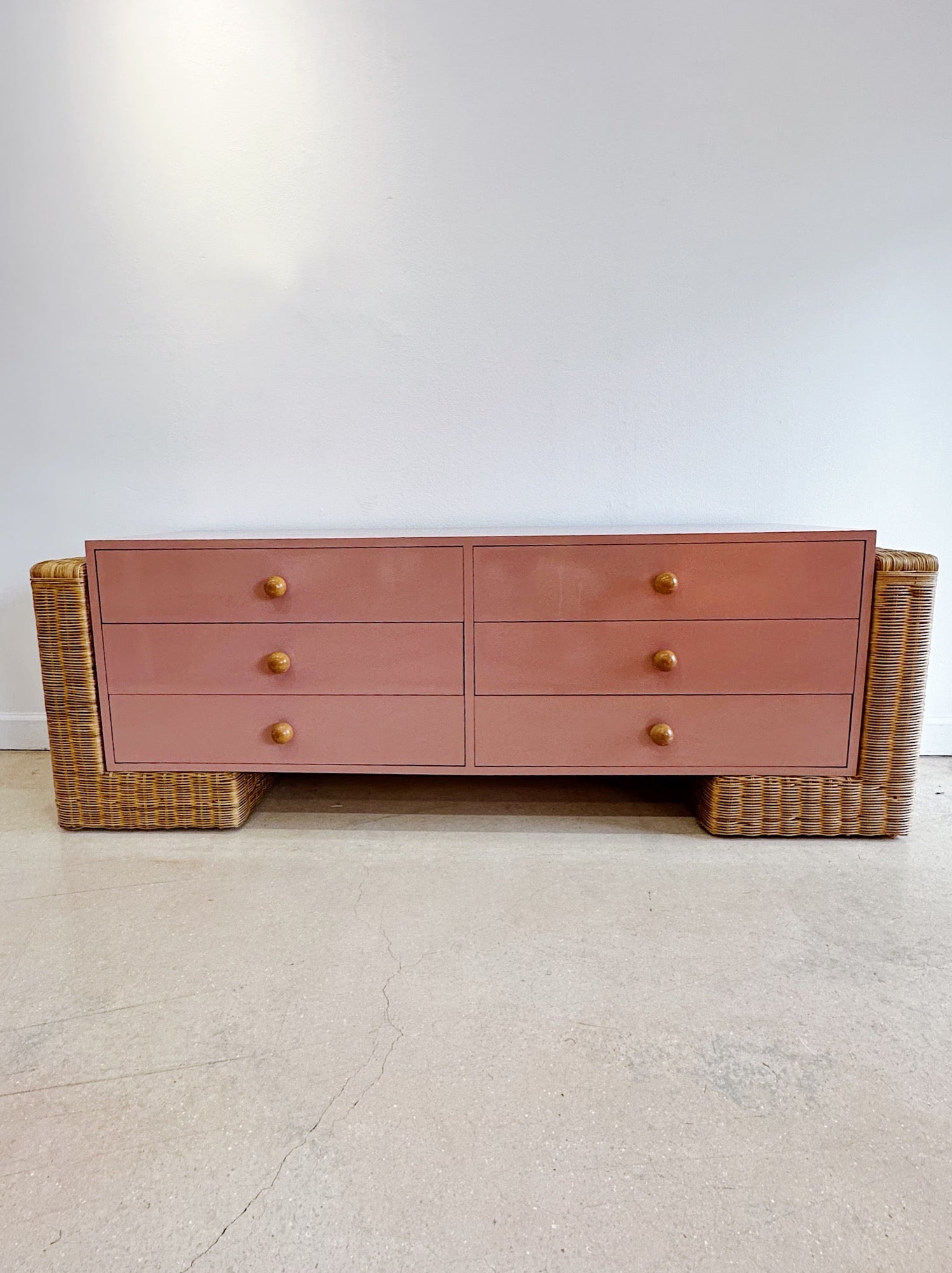 Pink Laminate Wicker-Sided Low Dresser – Rehaus