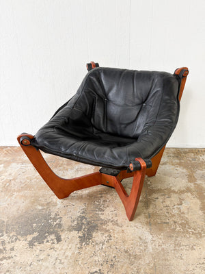 Black Leather + Cherry Wood "Luna" Lounge Chair