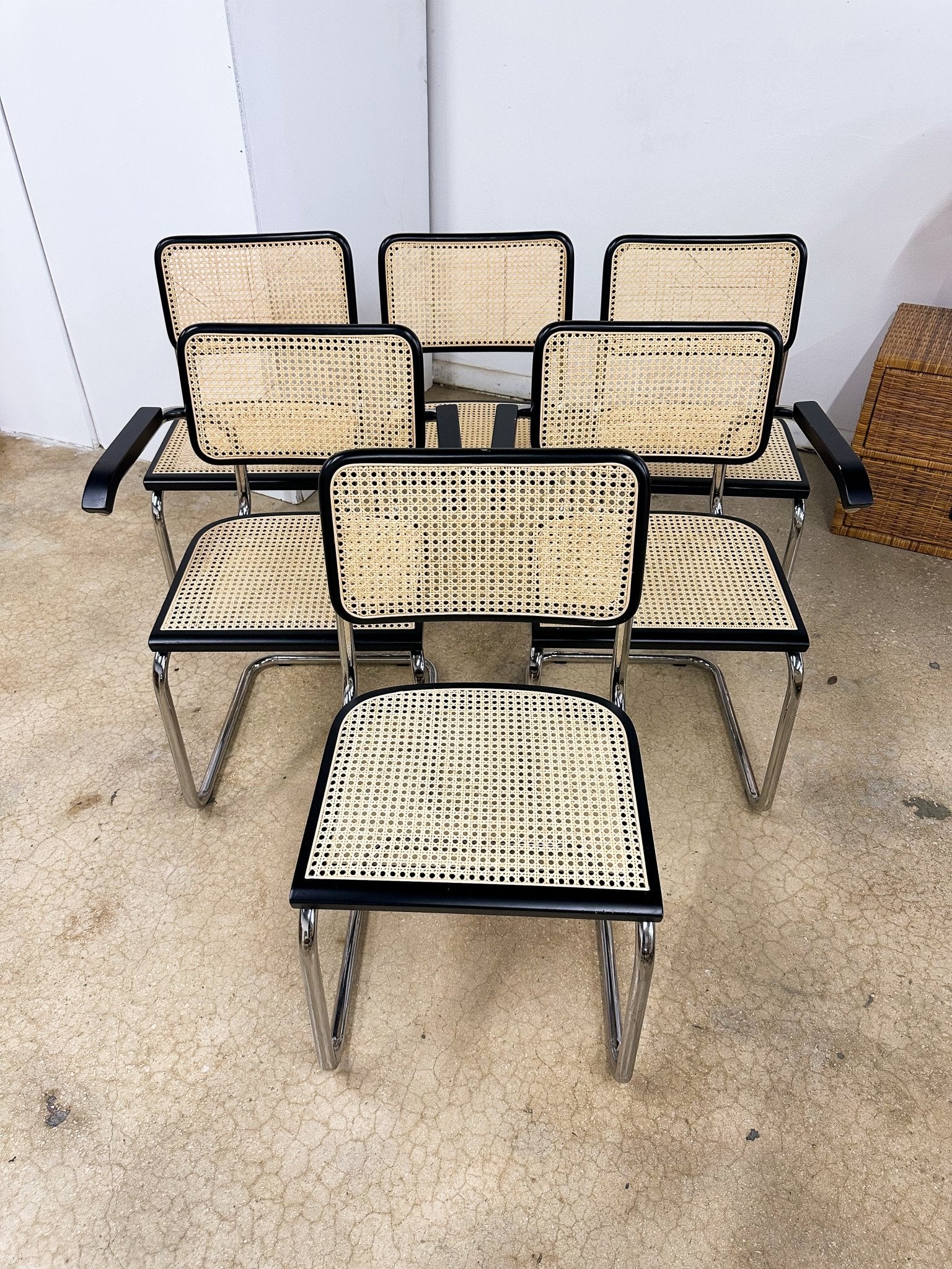 Black + Chrome Caned Cantilevered Cesca Chairs (x6) - Rehaus