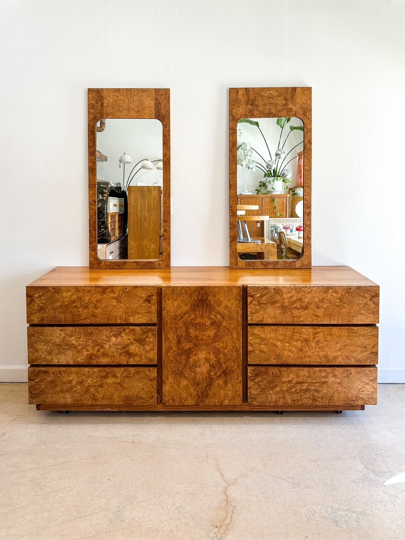 Burl Wood Lowboy Dresser + Mirrors, by Lane