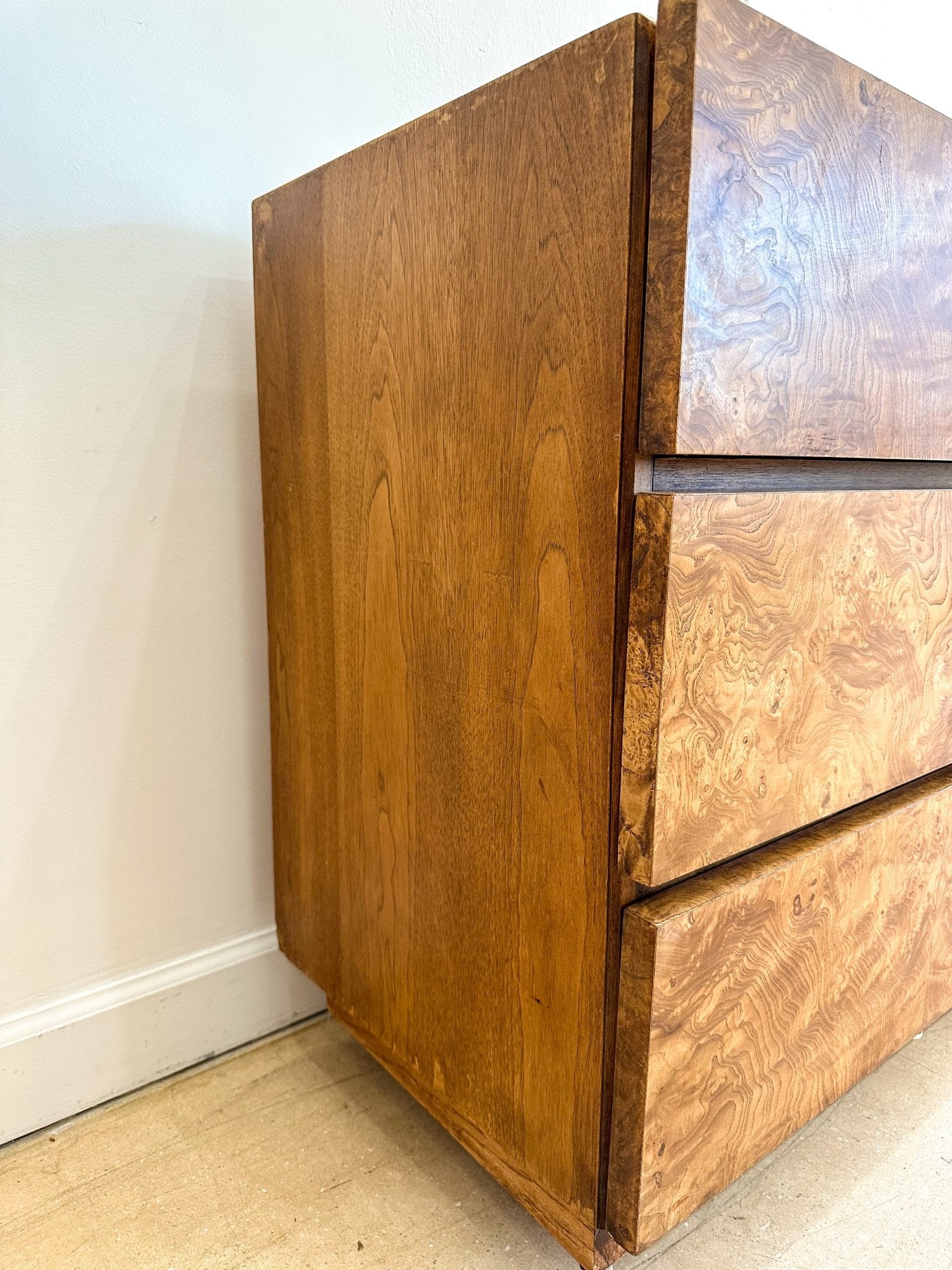Burl Wood Lowboy Dresser + Mirrors, by Lane Rehaus Burl Wood Lowboy Dresser + Mirrors, by Lane Rehaus