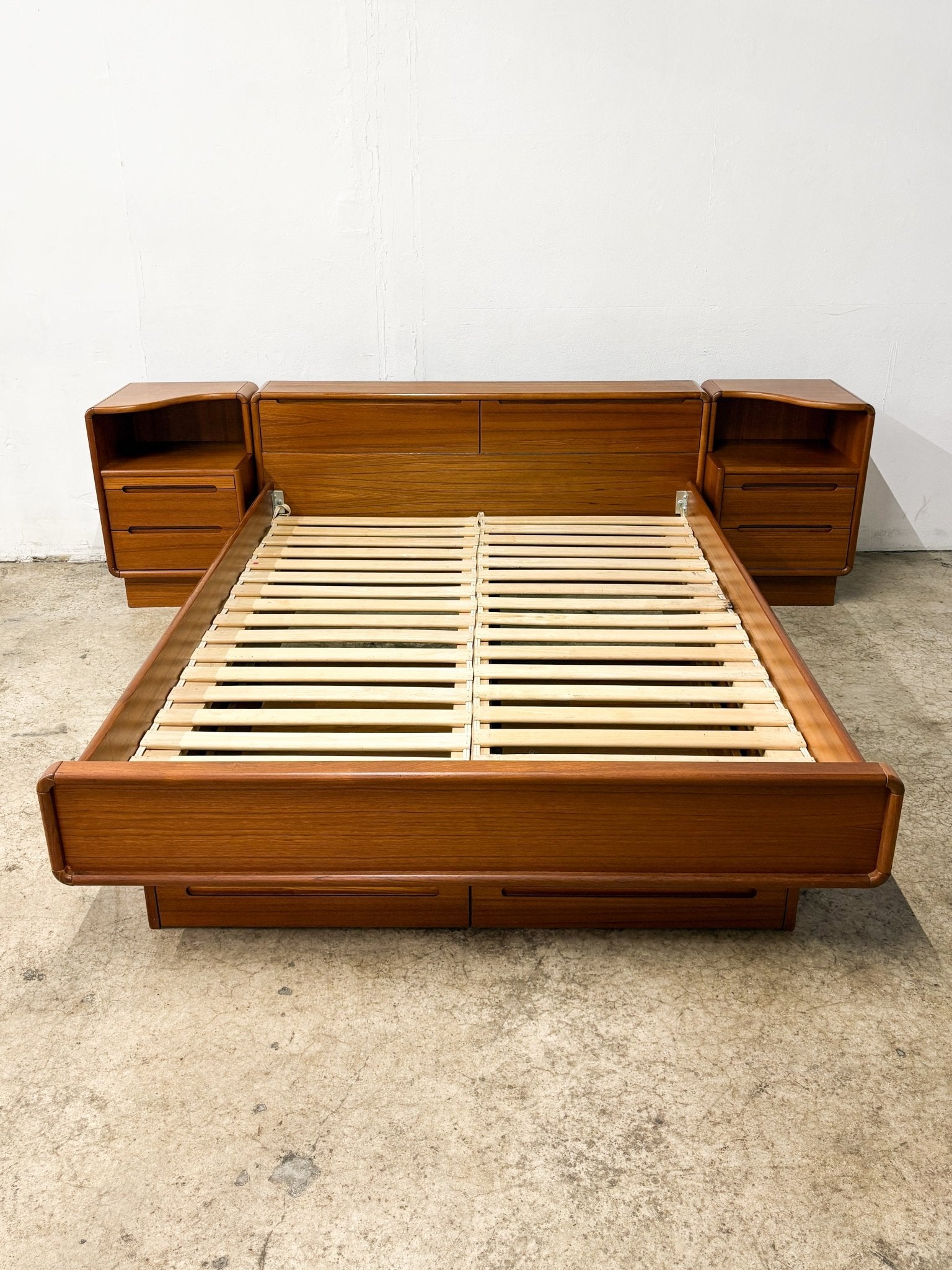 Danish Modern Teak Platform Bed + Nightstands, Queen - Rehaus