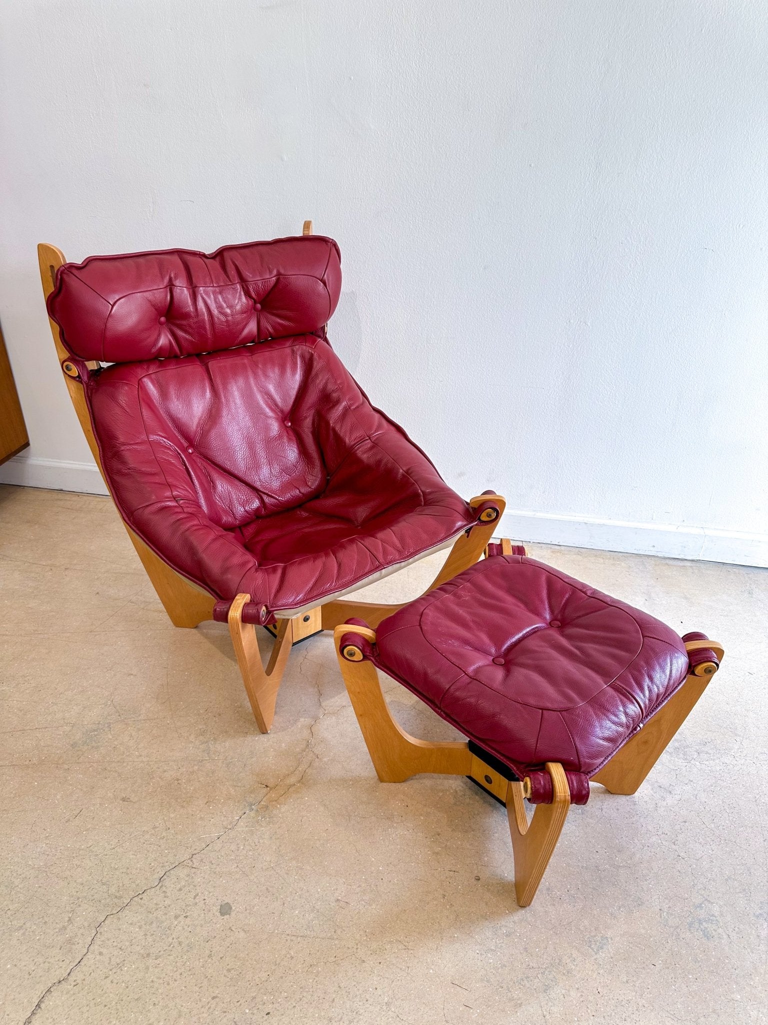 Dark Red Leather Luna Lounge Chair & Ottoman - Rehaus