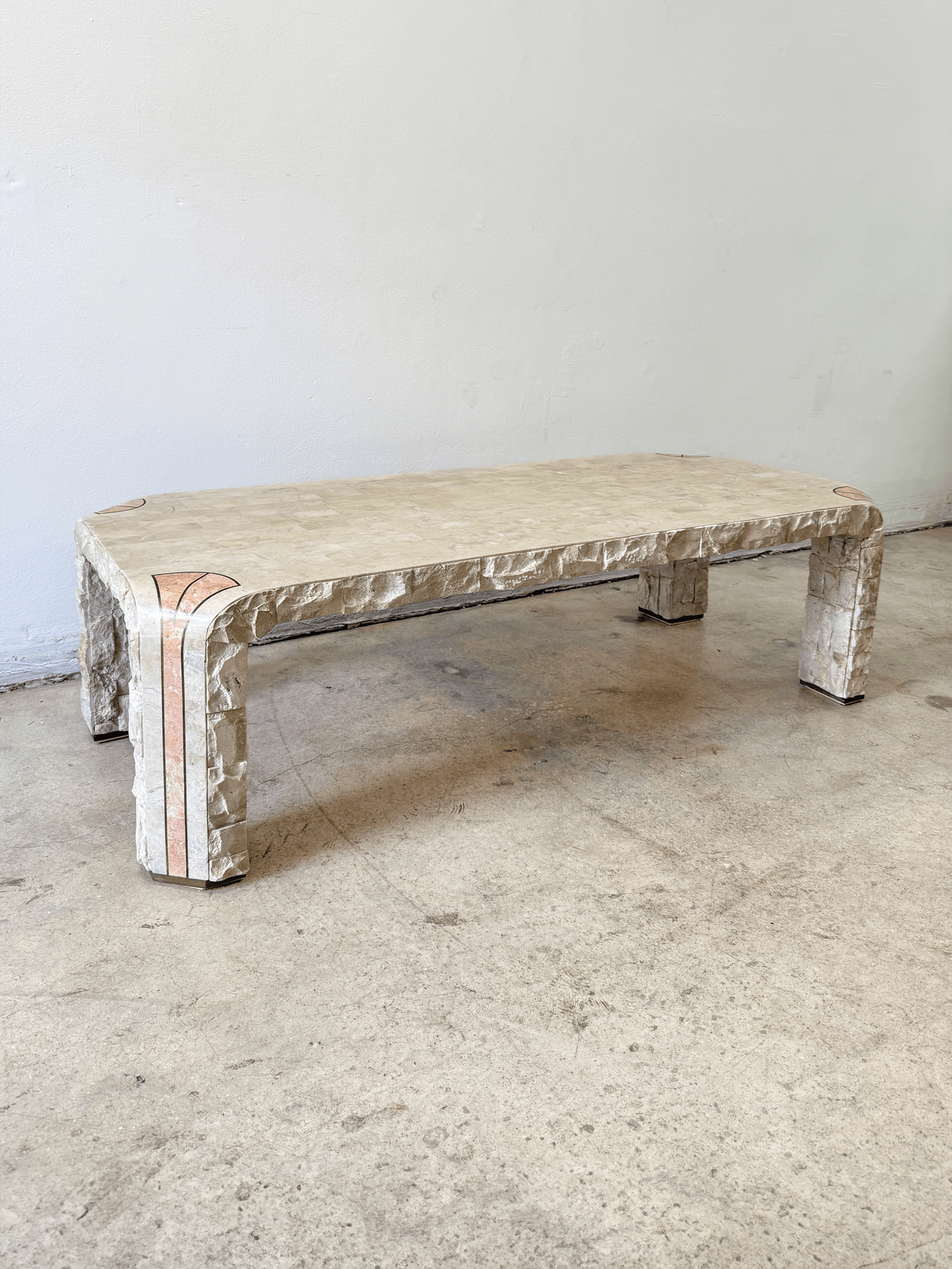 Pink + Brass Inlay Tesselated Coffee Table, Maitland Smith - Rehaus