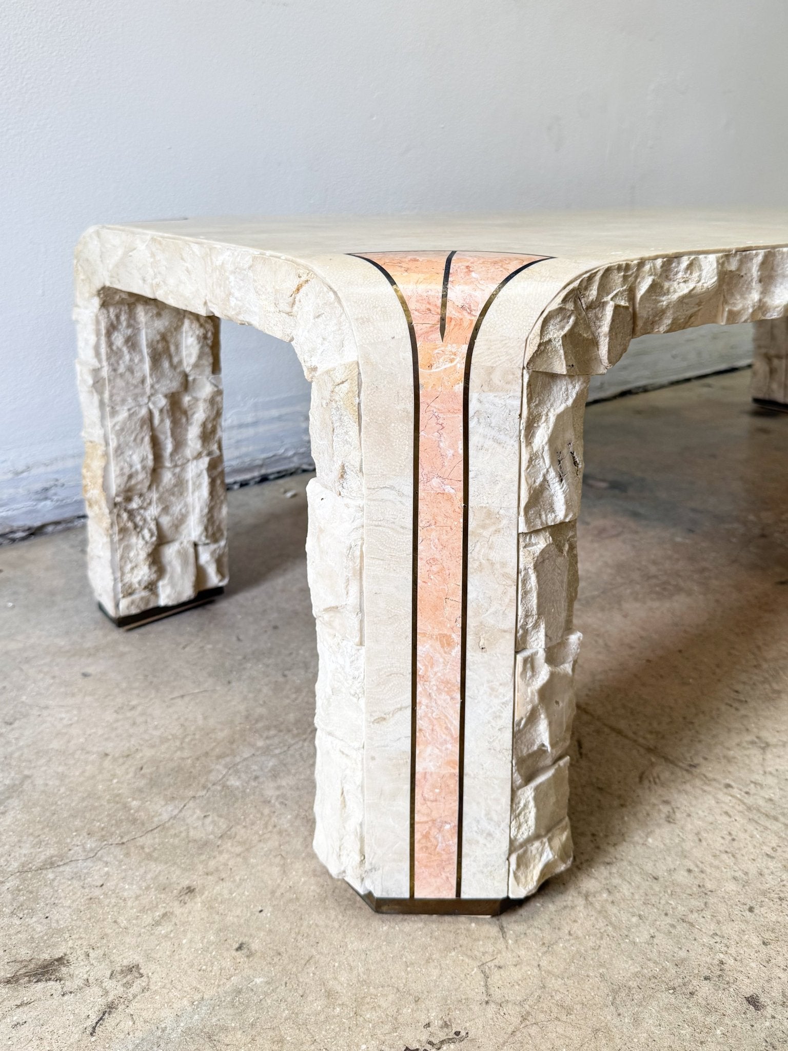 Pink + Brass Inlay Tesselated Coffee Table, Maitland Smith - Rehaus