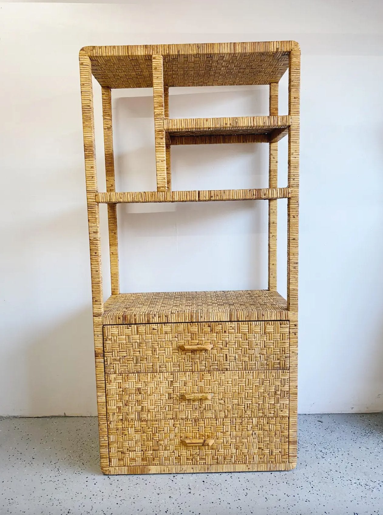 Coastal Wrapped Rattan Etagere With Drawers - Rehaus