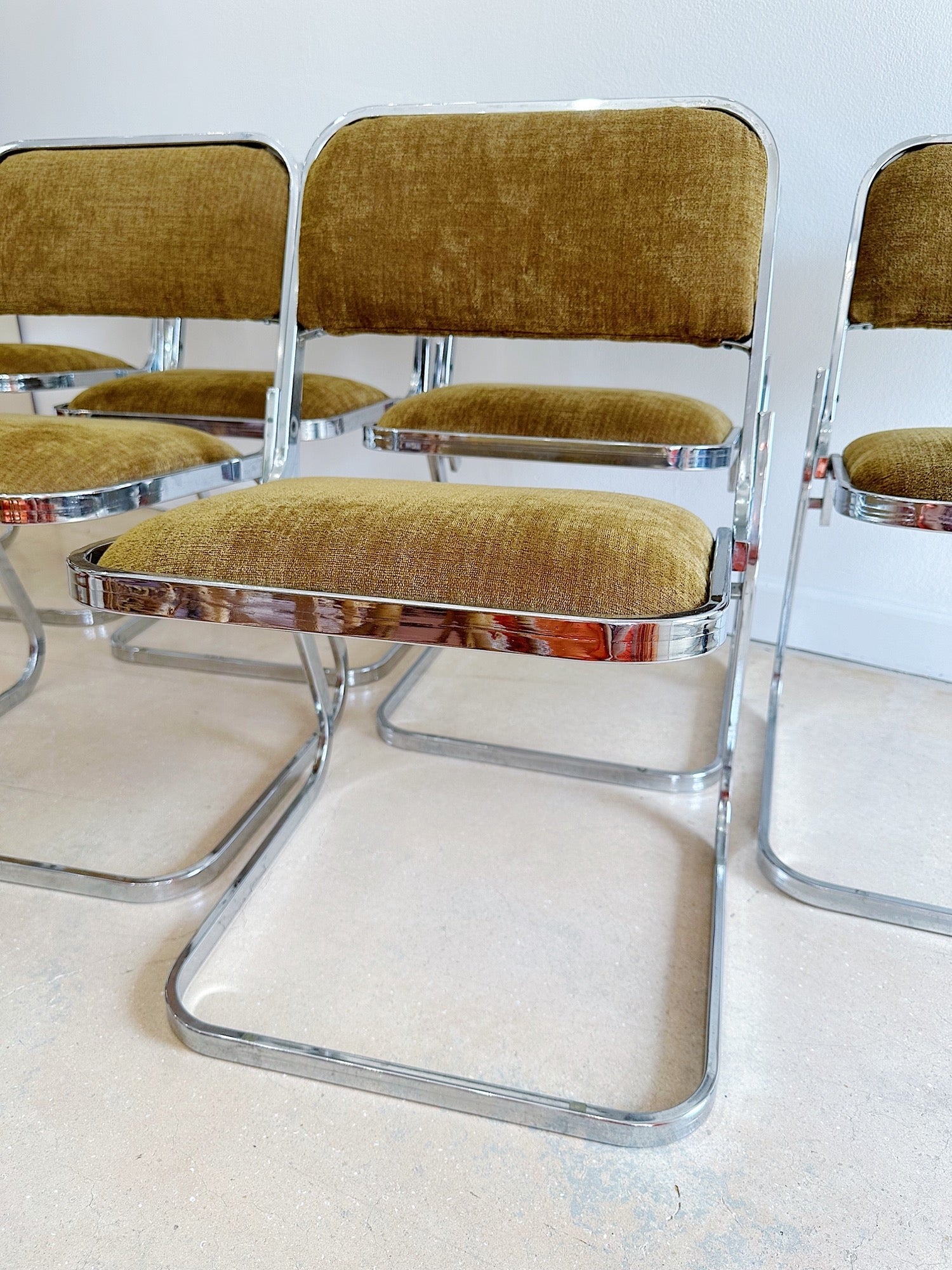 Olive + Chrome Cantilever Dining Chairs (x6) - Rehaus