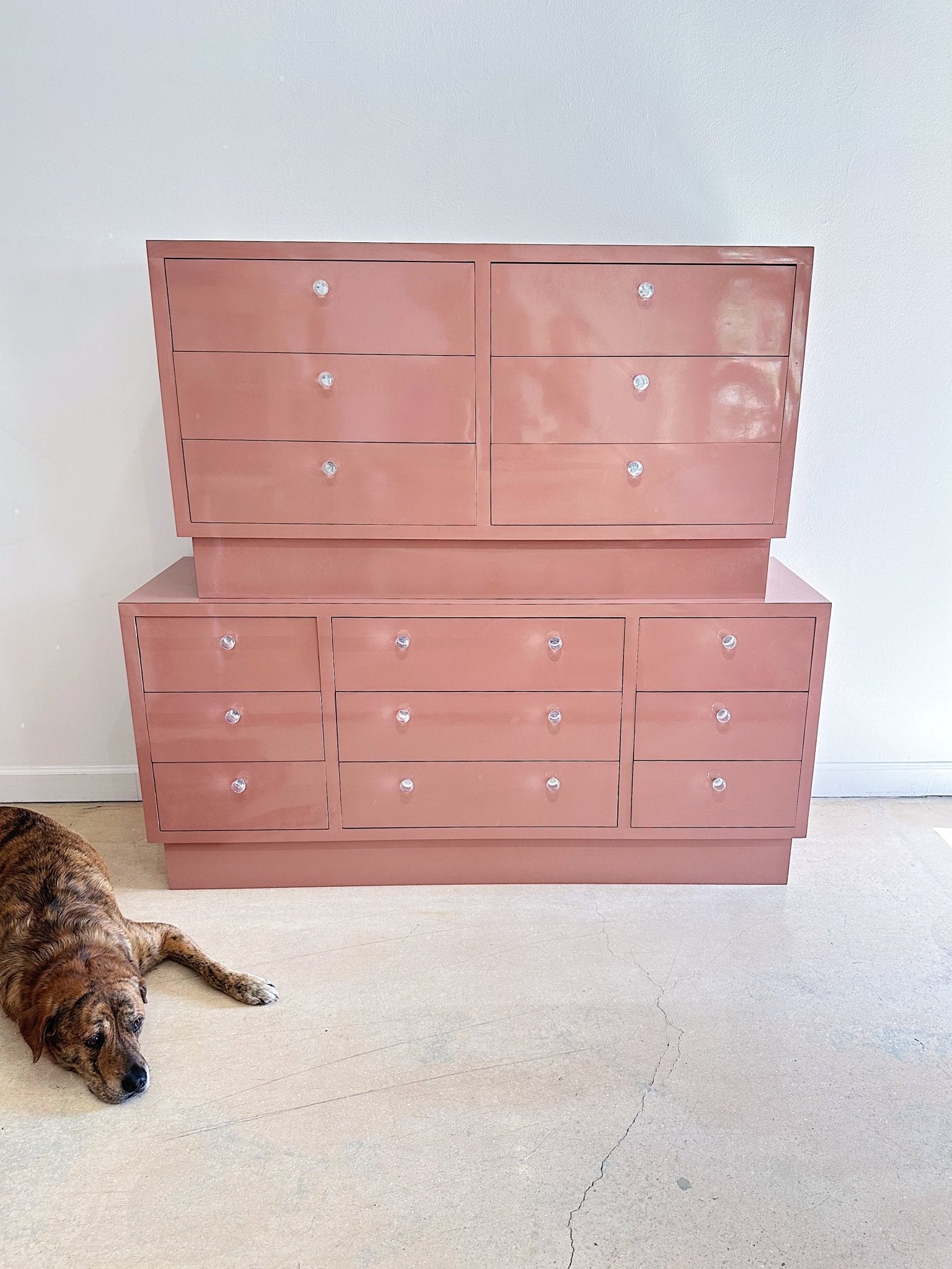 pink laminate dresser Pink!!!! Who doesn't like Pink! 1980s Postmodern Pink Lacquer Laminate Waterfall Dresser is now available and there is even a super cute nightstand to match, Available in store & online $895 dresser