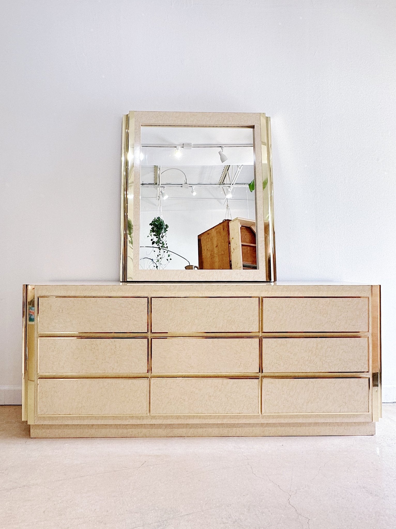 White Burl Laminate & Gold Framed Dresser & Mirror – Rehaus