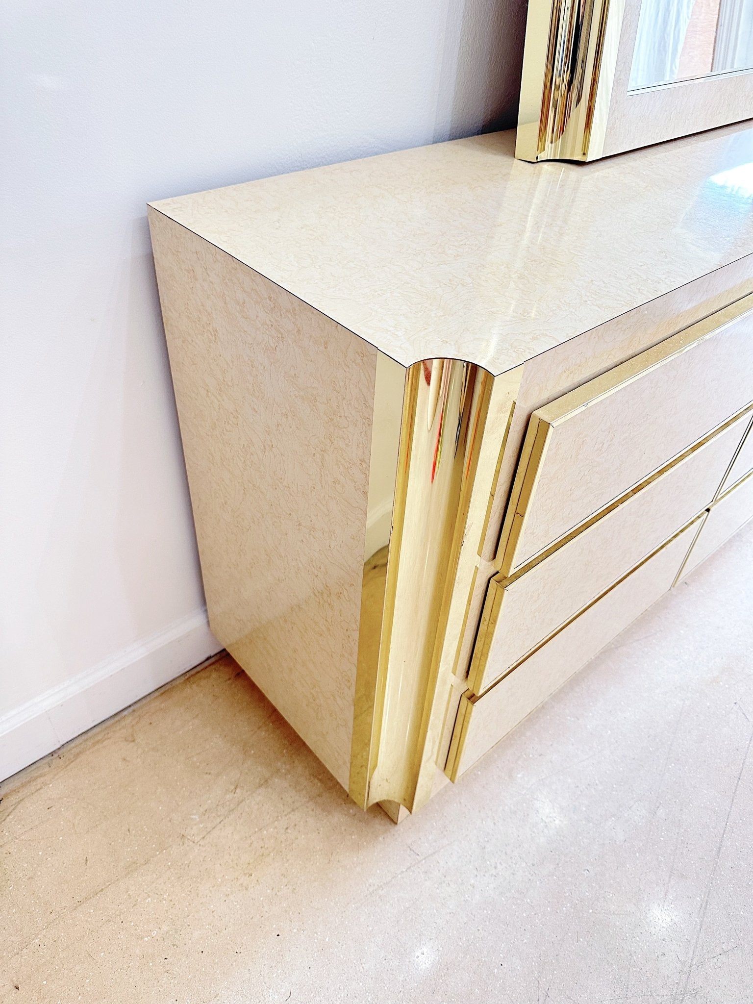 White Burl Laminate & Gold Framed Dresser & Mirror Rehaus White Burl Laminate & Gold Framed Dresser & Mirror Rehaus