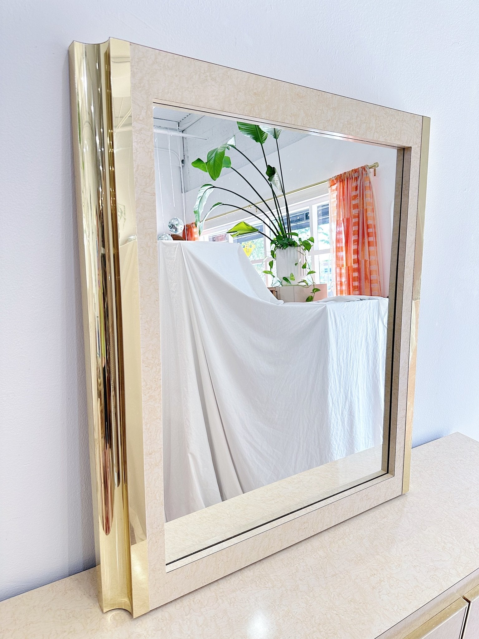 White Burl Laminate & Gold Framed Dresser & Mirror Rehaus White Burl Laminate & Gold Framed Dresser & Mirror Rehaus